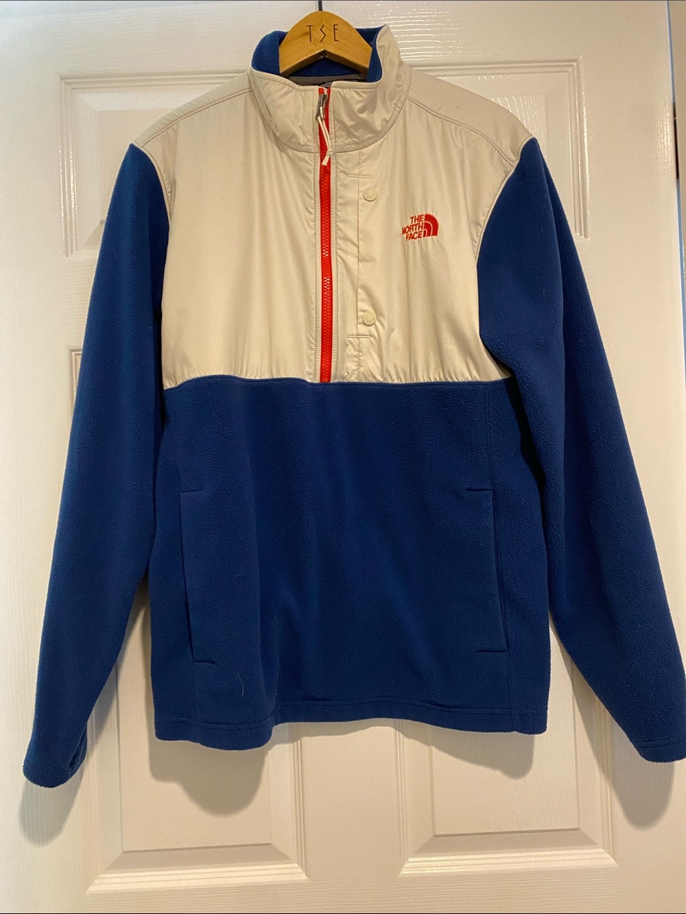 The North Face Blue Fleece Pullover with Cream Yoke and Red Zipper